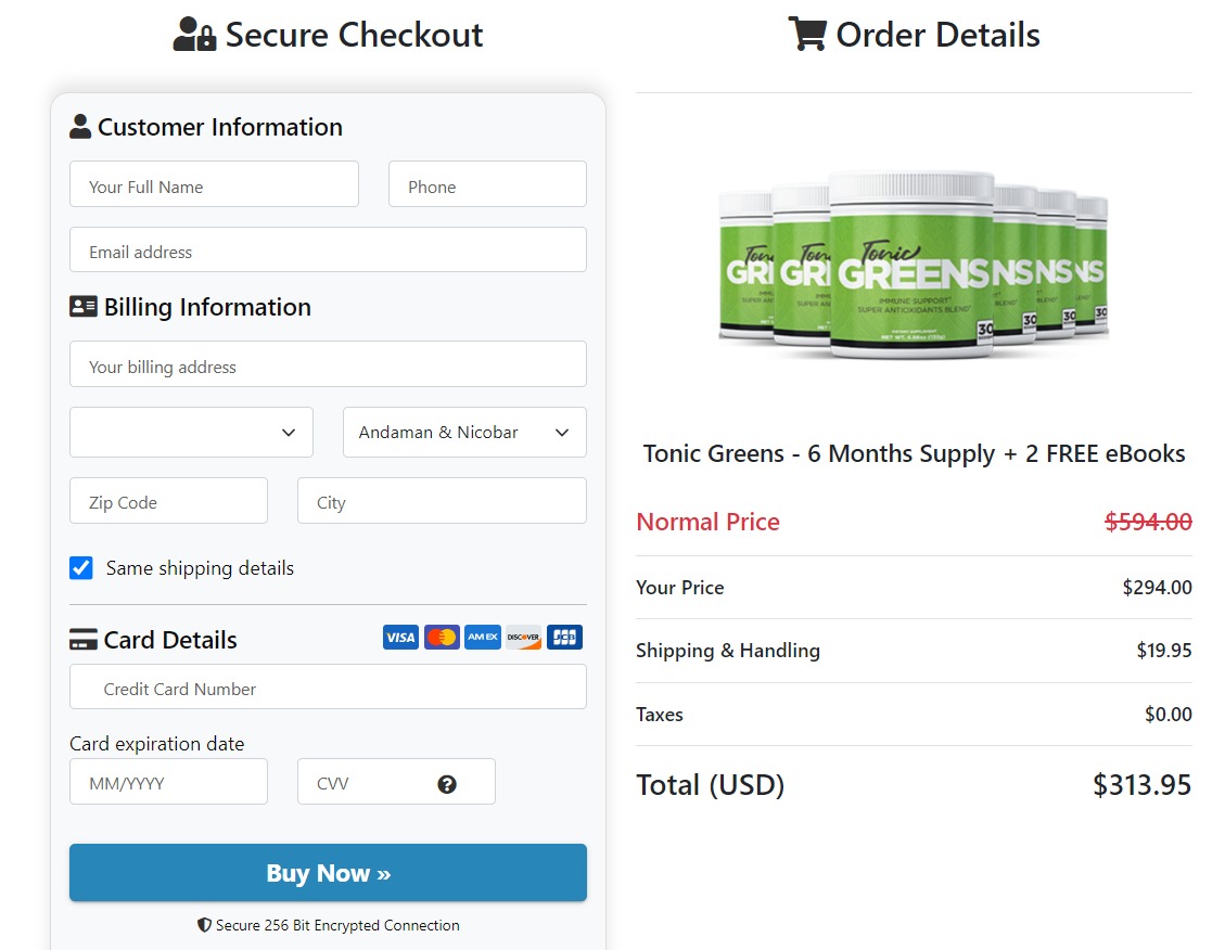 Tonic Greens order page
